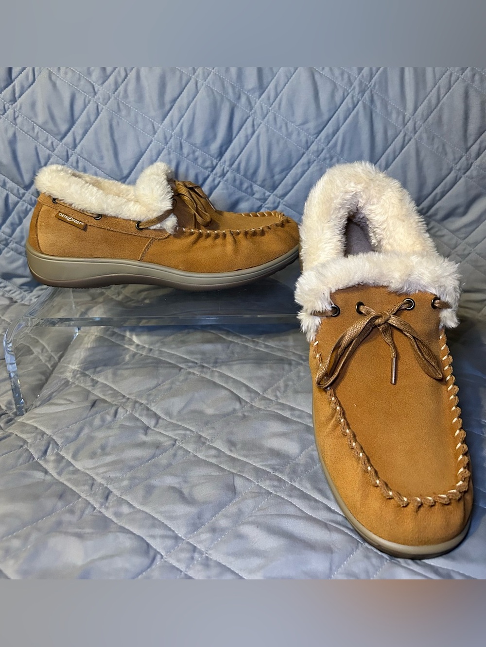 Orthofeet Cozy Fur Suede Moccasins Tan Womens Sz 12